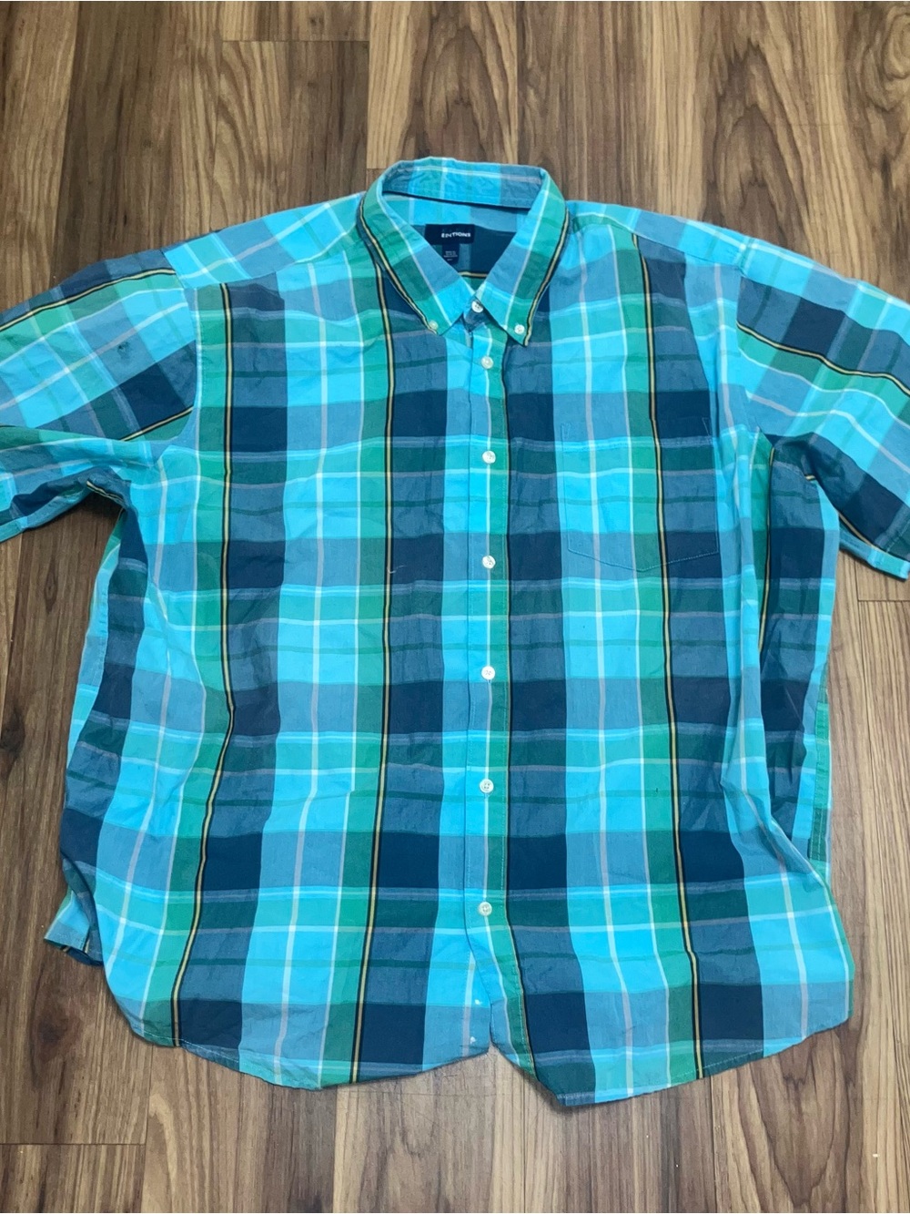 Basic Editions Teal and Navy Plaid Button-Down Shirt